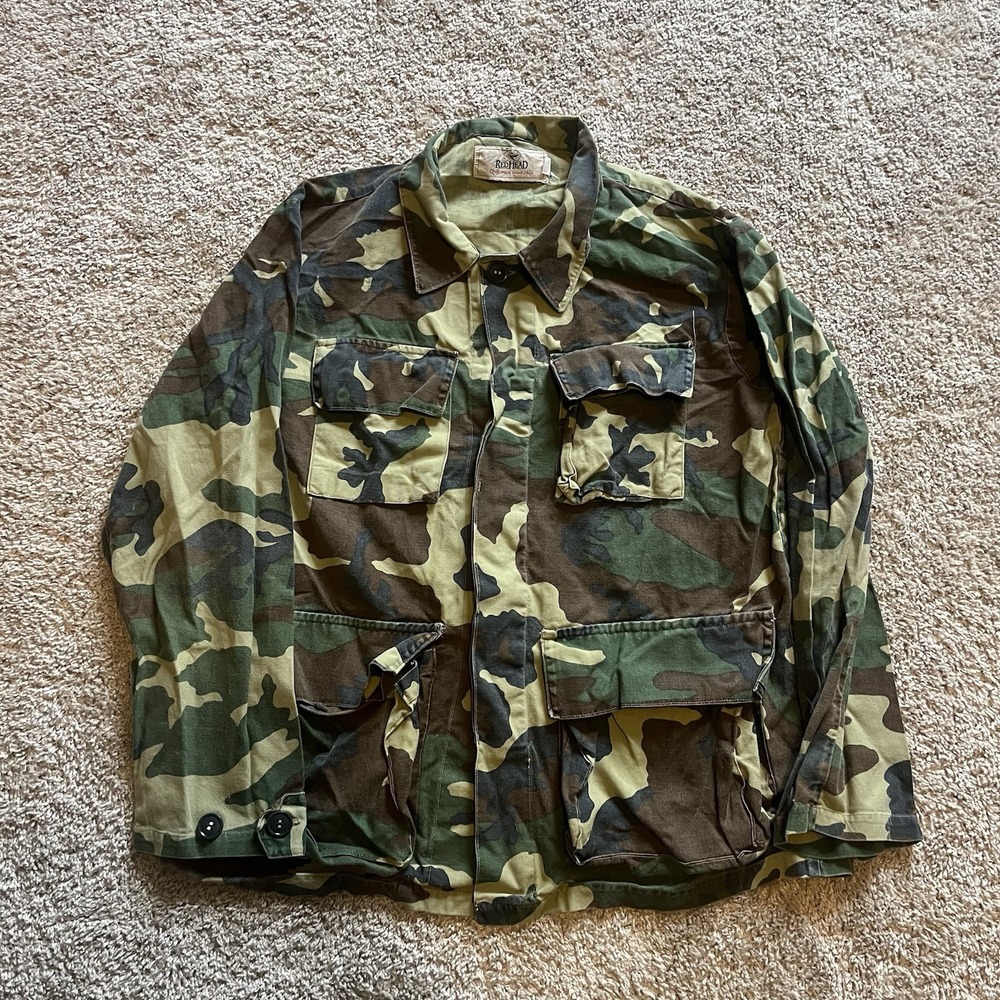 Vtg Red Head Camo Shirt Woodland Green‎ Button-Up USA Hunting Pockets Men's M